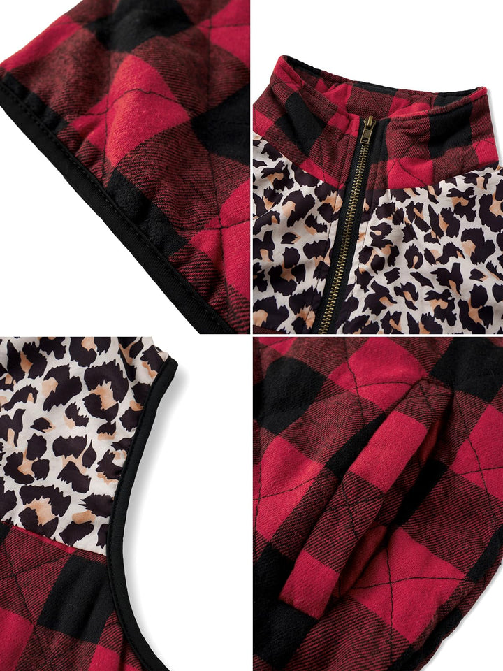 FAIRY SEASON Christmas Buffalo Plaid Vest For Women Leopard Sleeveless Cardigan Women Coat Zipper Jacket Gilet with Pockets Retail $49.00