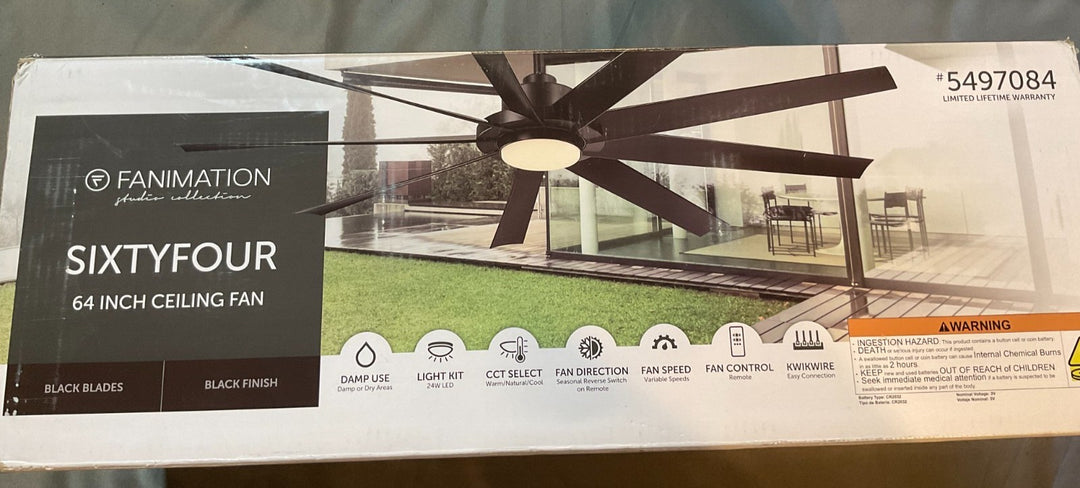 Fanimation SixtyFour 64" Matte Black Ceiling Fan LED Light 5497084 (for PARTS)