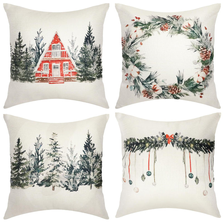 Preboun 4 Sets Christmas Pillow Covers Decorations Rustic Watercolor Winter Holiday Cushion Covers Xmas Tree Wreath Throw Pillow Case for Farmhouse Home Decor(18 x 18 Inch)