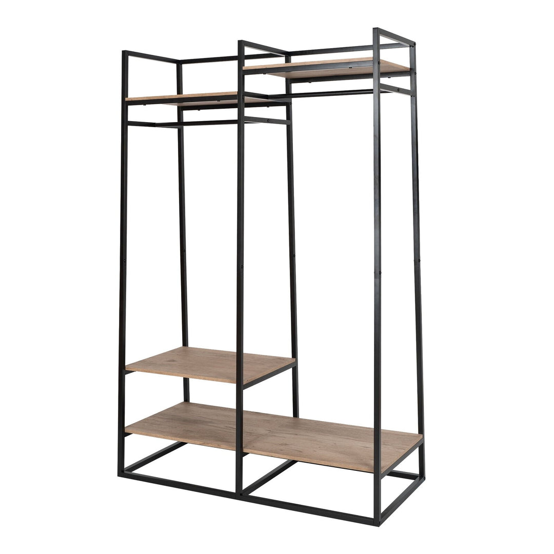 Freestanding Metal 2-Rod Garment Rack with 4 Wooden Shelves, Black Retail $106.00