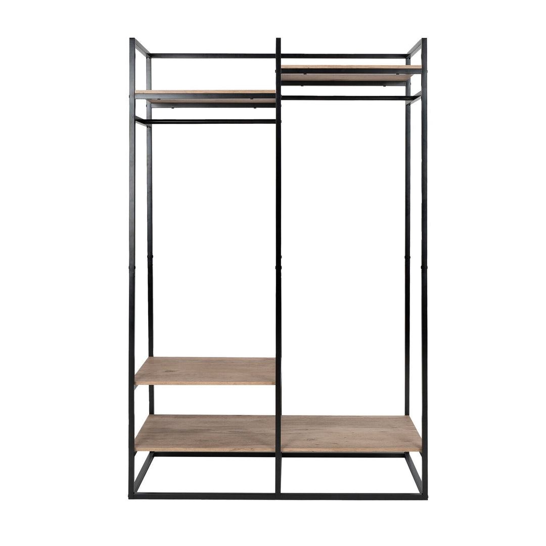 Freestanding Metal 2-Rod Garment Rack with 4 Wooden Shelves, Black Retail $106.00