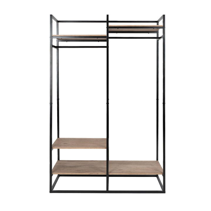 Freestanding Metal 2-Rod Garment Rack with 4 Wooden Shelves, Black Retail $106.00