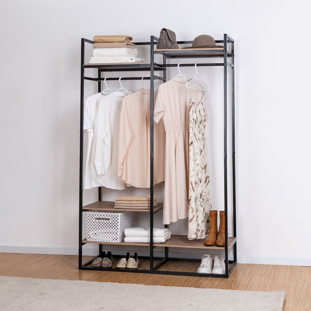 Freestanding Metal 2-Rod Garment Rack with 4 Wooden Shelves, Black Retail $106.00
