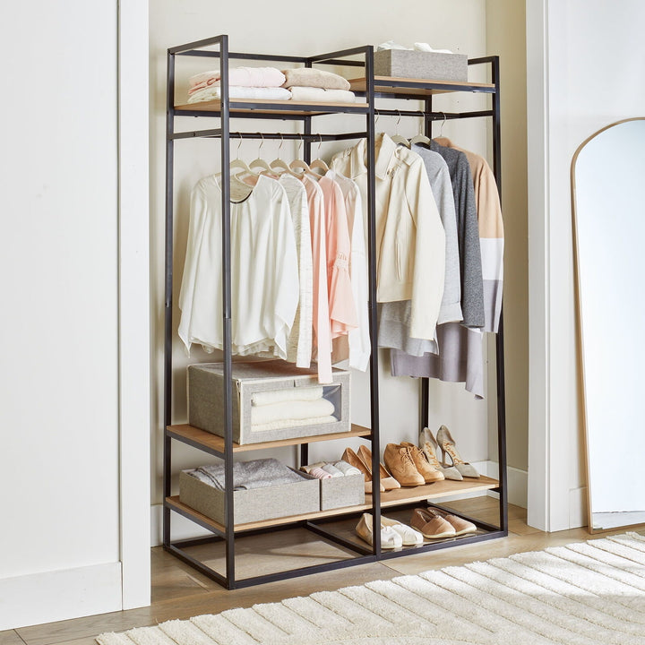 Freestanding Metal 2-Rod Garment Rack with 4 Wooden Shelves, Black Retail $106.00