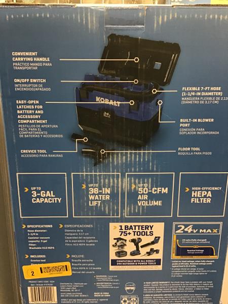 Kobalt 24V MAX Cordless Wet/Dry Vacuum - 3-Gal Capacity, 38-in Water Lift, 50 CFM Air Volume Retail $99.00