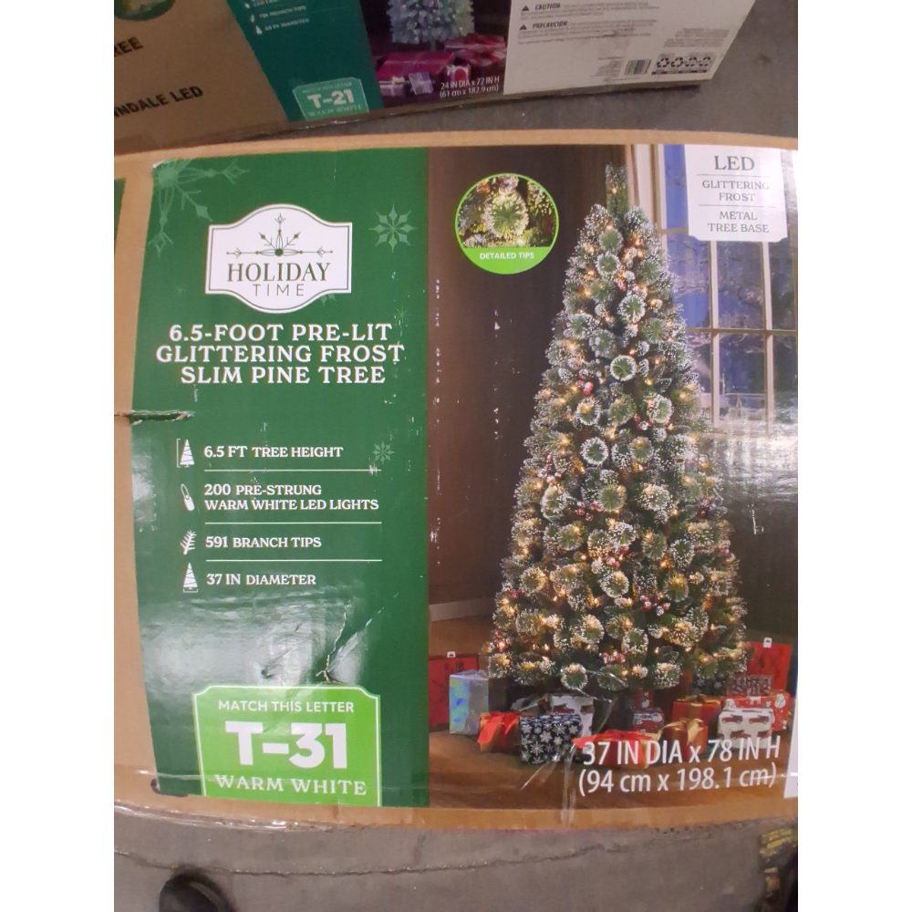 Holiday Time 6.5-Foot Pre-Lit Glittering Frost Slim Pine Tree, Warm White LED Lights Retail $120.00