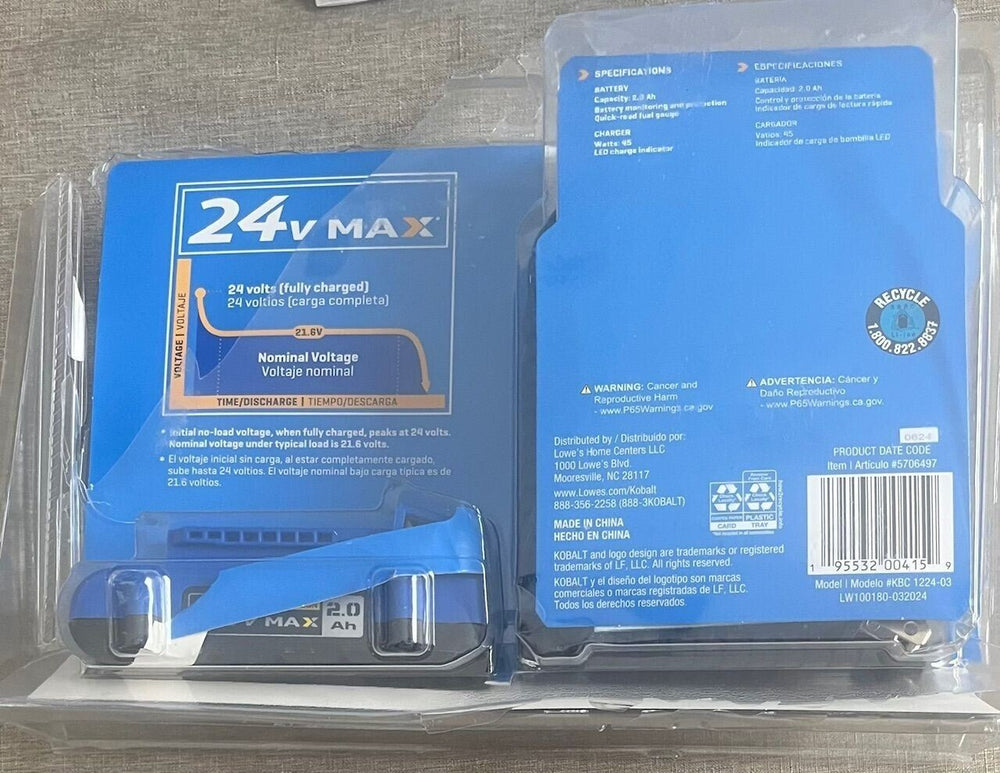 Genuine Kobalt 24V MAX 2.0Ah Lithium-Ion Battery & Charger Kit #KBC 1224-03 Retail $39.00