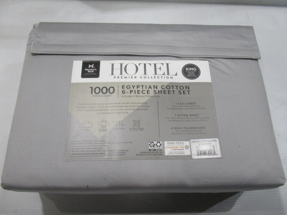 Members Mark Hotel Luxury Collection 1000 TC Cotton Sheet Set King Soft Silver Retail $99.19