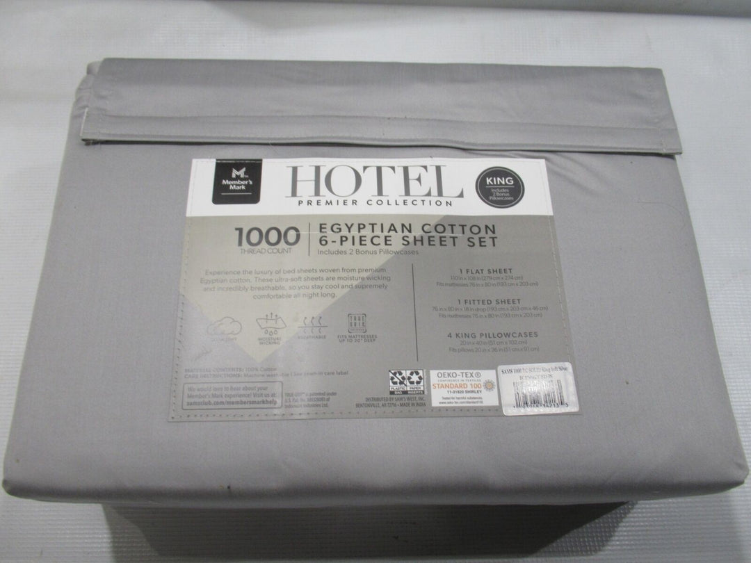 Members Mark Hotel Luxury Collection 1000 TC Cotton Sheet Set King Soft Silver Retail $99.19