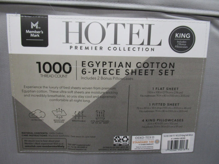 Members Mark Hotel Luxury Collection 1000 TC Cotton Sheet Set King Soft Silver Retail $99.19