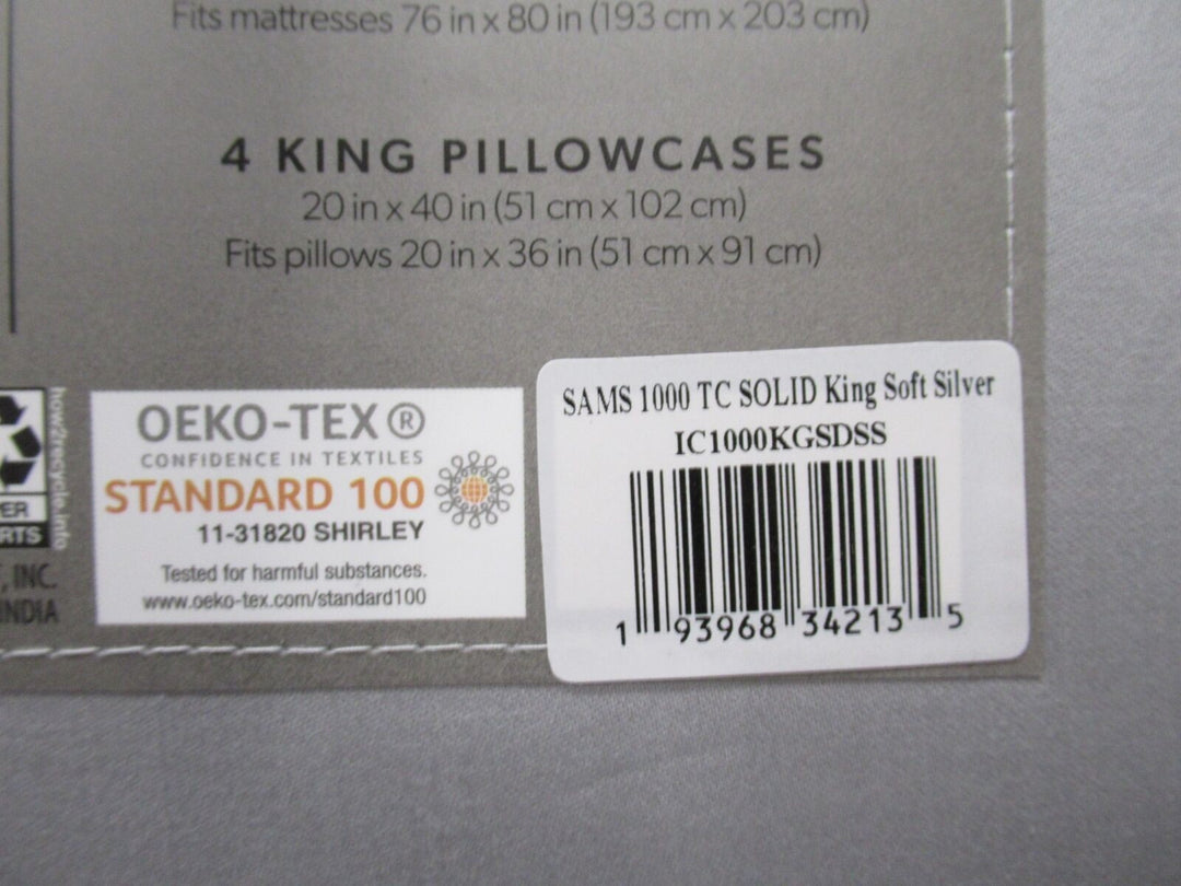 Members Mark Hotel Luxury Collection 1000 TC Cotton Sheet Set King Soft Silver Retail $99.19