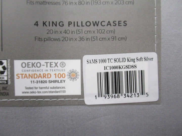 Members Mark Hotel Luxury Collection 1000 TC Cotton Sheet Set King Soft Silver Retail $99.19