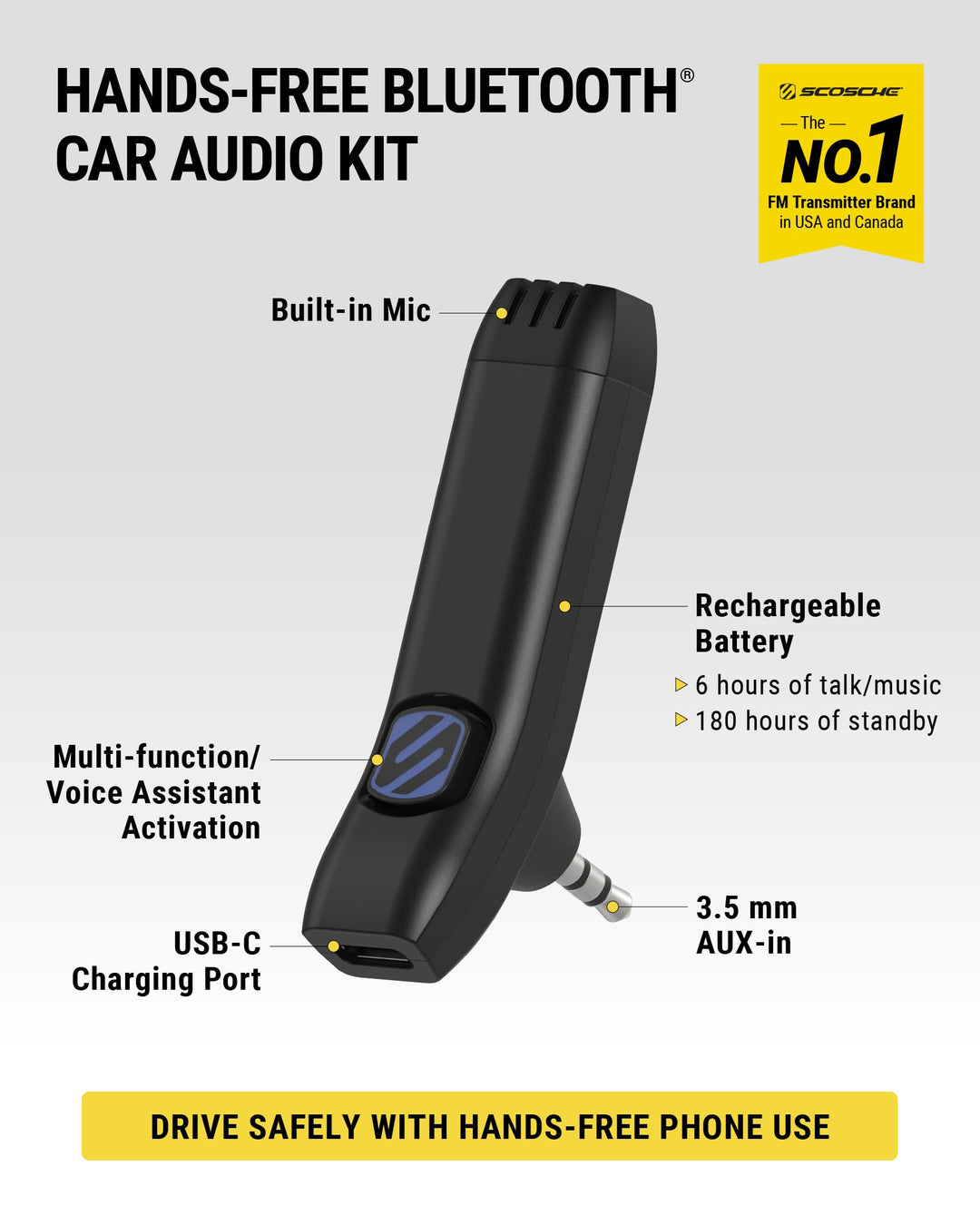 Scosche BTAXS3 Hands-Free Audio Kit, Bluetooth Receiver for Car Stereo with Noise Cancellation, 3.5mm AUX Bluetooth Adapter for Car Radio, Compatible with Siri/Google Assistant Voice Command