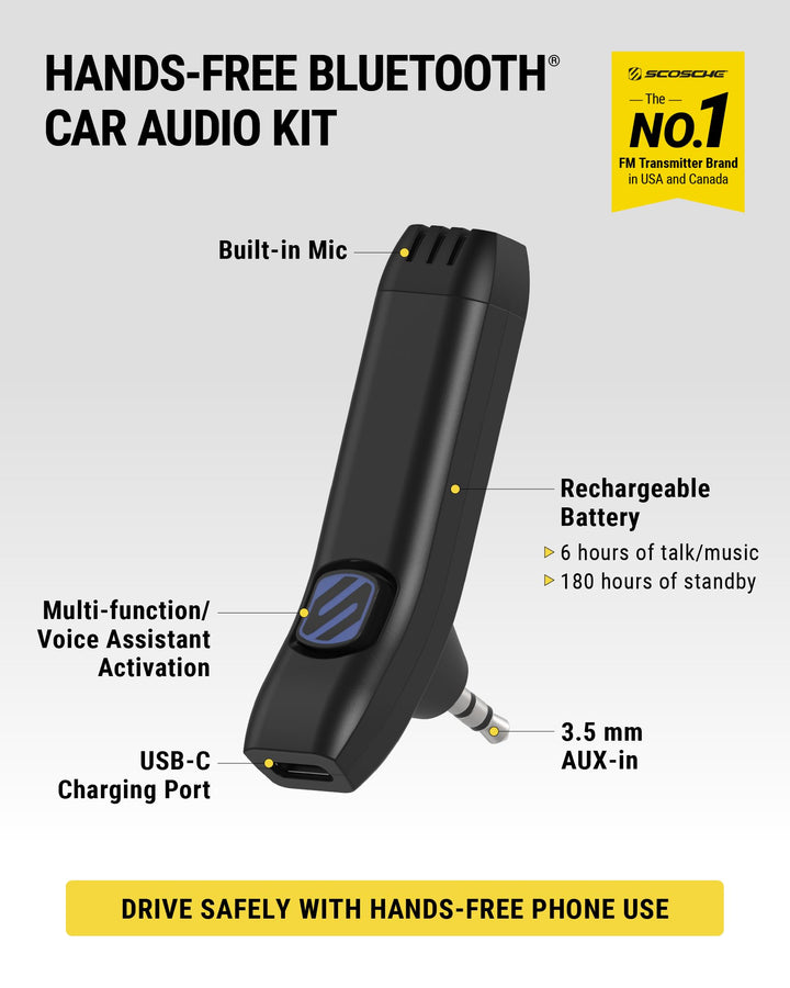 Scosche BTAXS3 Hands-Free Audio Kit, Bluetooth Receiver for Car Stereo with Noise Cancellation, 3.5mm AUX Bluetooth Adapter for Car Radio, Compatible with Siri/Google Assistant Voice Command