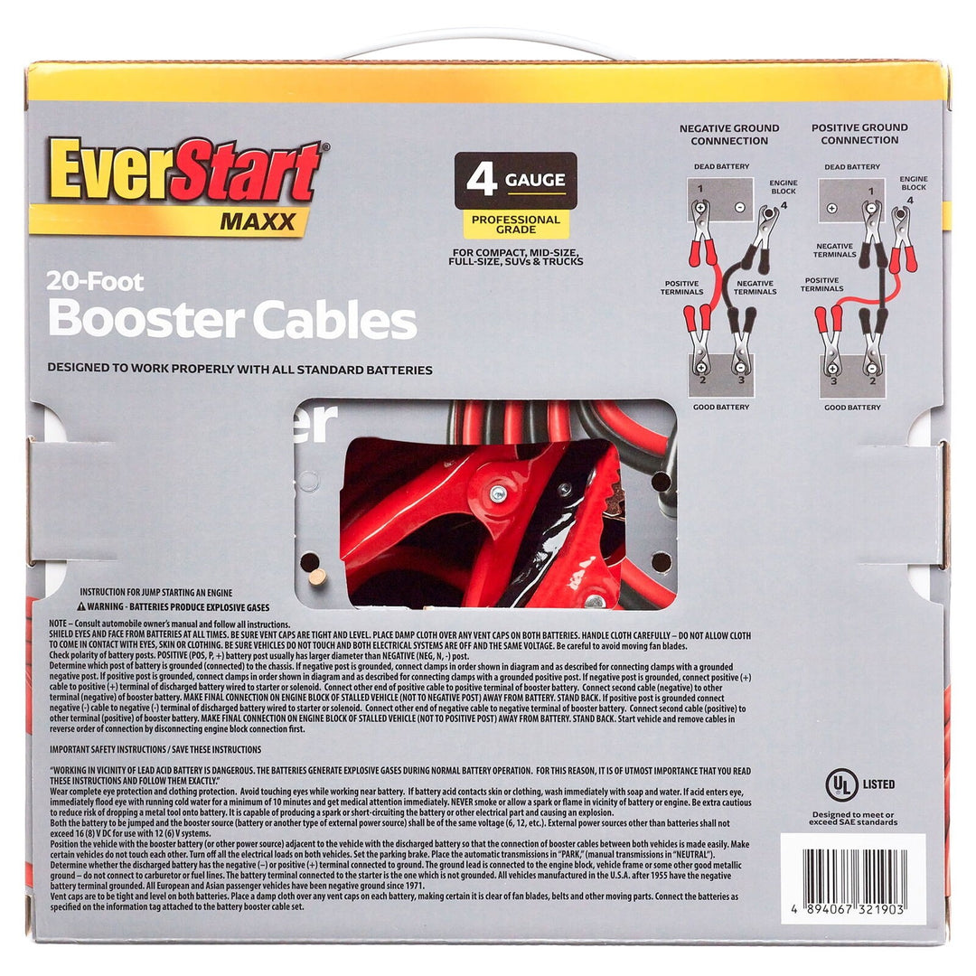 EverStart Maxx 20 Ft 4 Gauge Booster Cables – 250 Amps Retail $37.96