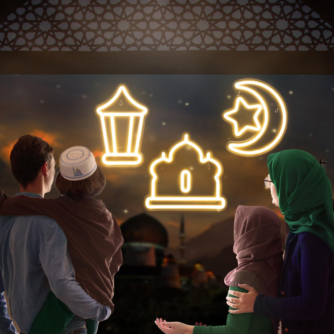 ROCEEI 3 Pcs Ramadan Eid Mubarak Neon Sign, Moon Star Castle Neon Lights Gift Box Neon LED Lights USB Wall Bar Living Room Decor for Ramadan Eid Mubarak Party Holiday Night Bedroom Gifts