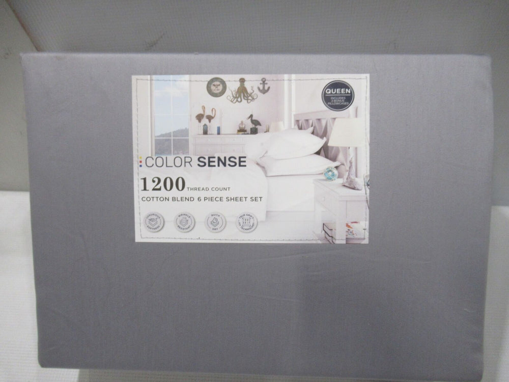 Color Sense 1200 Thread Count Cotton Blend 6 Piece Sheet Set Queen Soft Silver Retail $34.99
