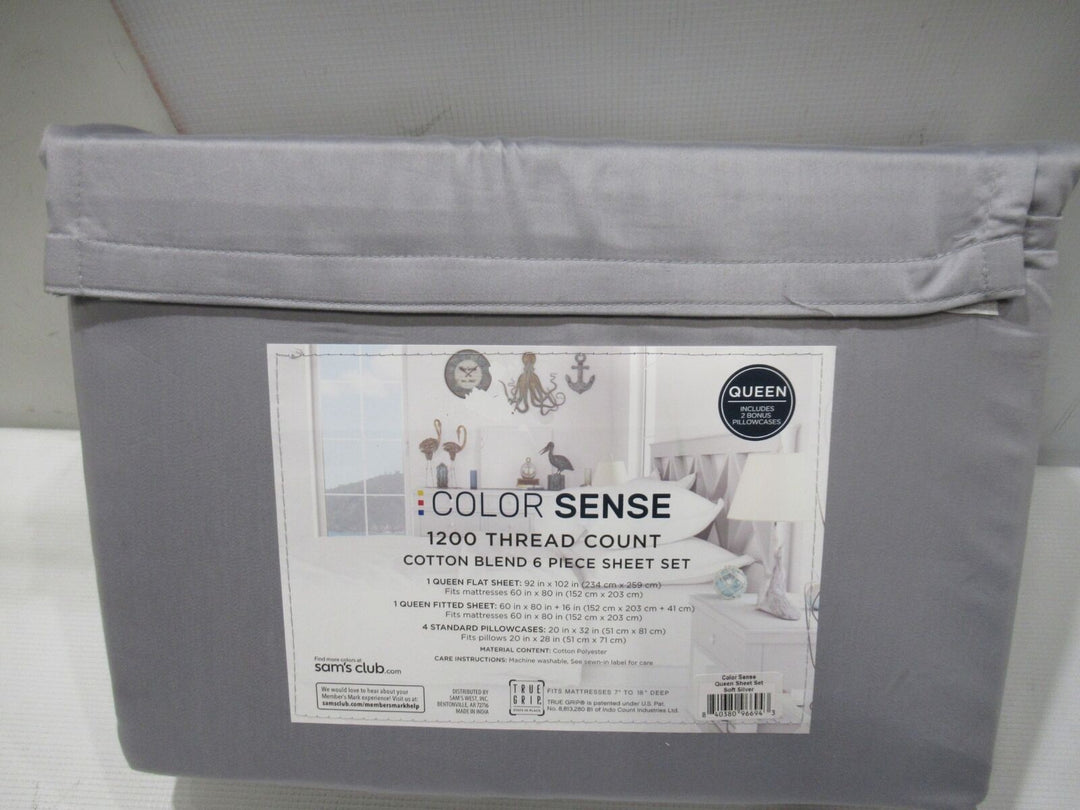Color Sense 1200 Thread Count Cotton Blend 6 Piece Sheet Set Queen Soft Silver Retail $34.99