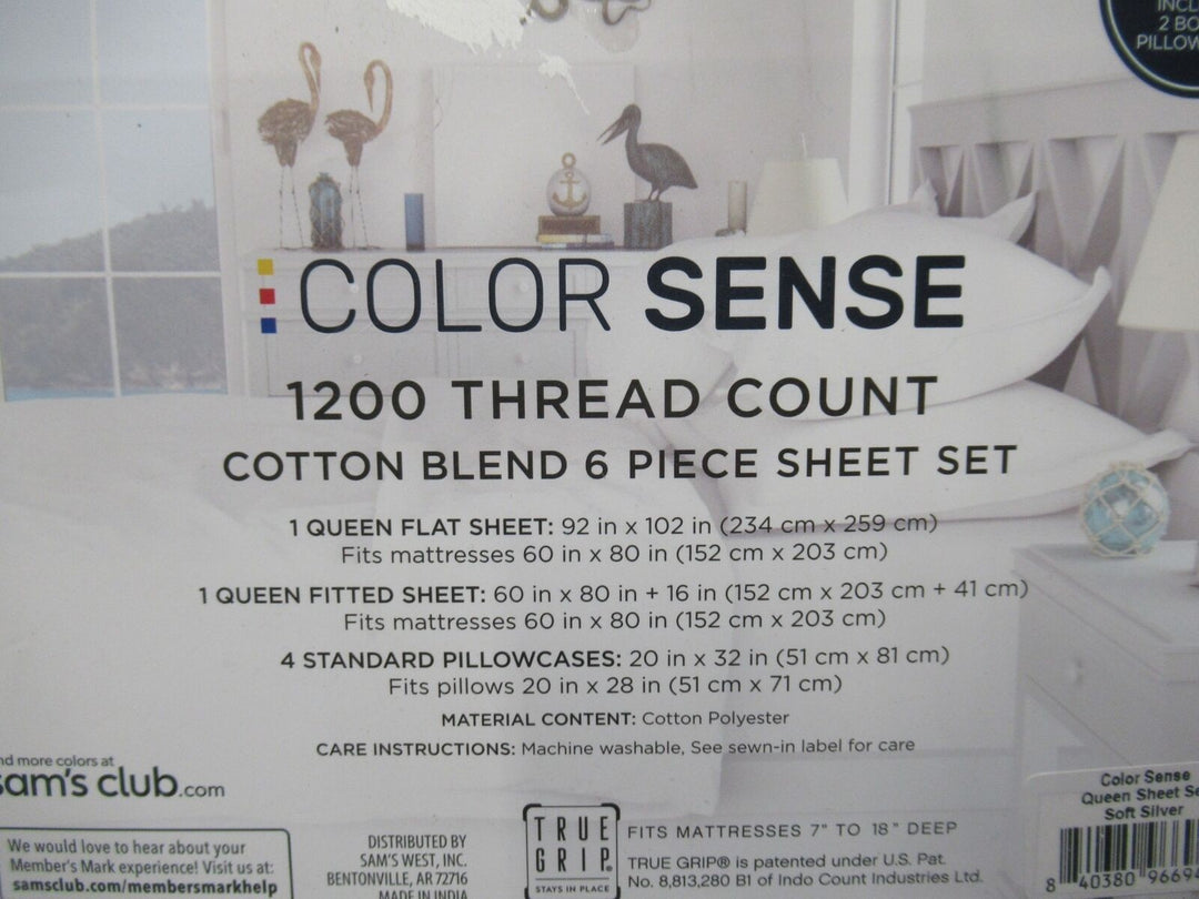 Color Sense 1200 Thread Count Cotton Blend 6 Piece Sheet Set Queen Soft Silver Retail $34.99