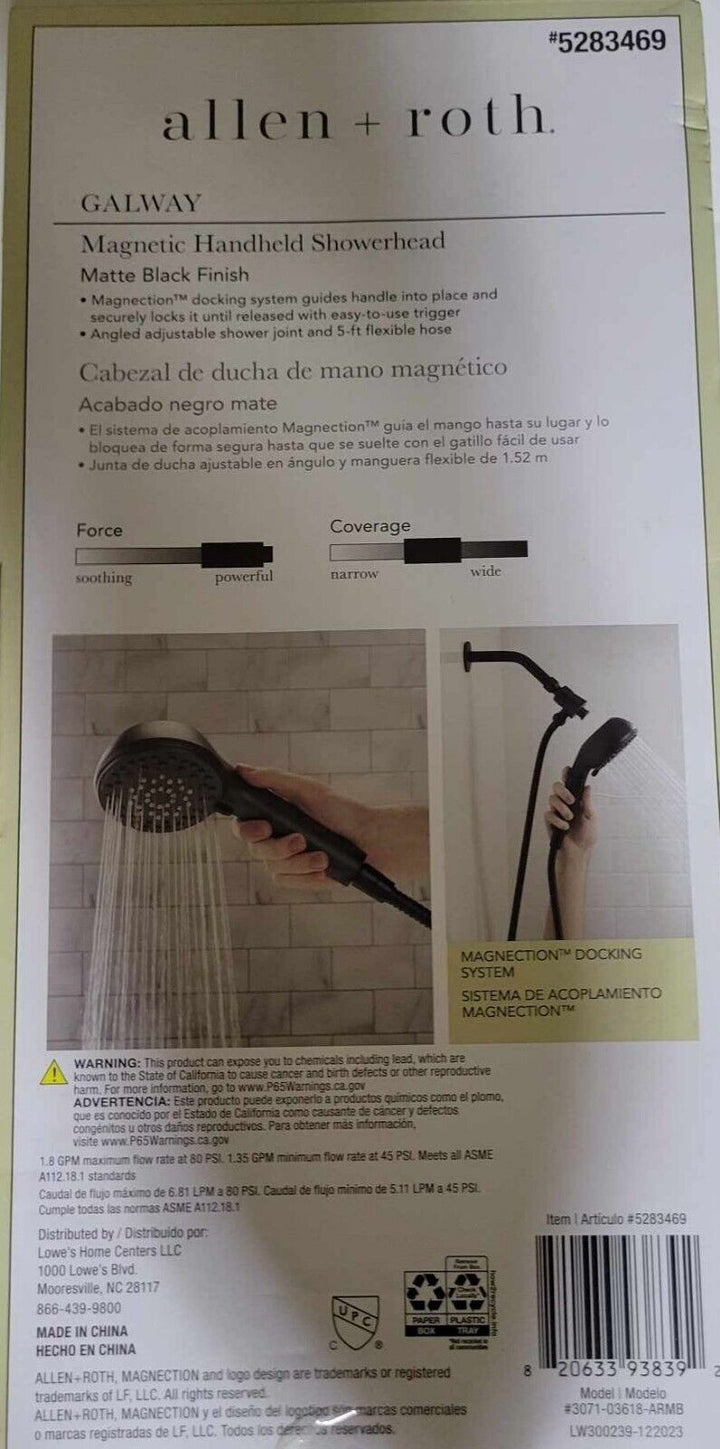 Allen+Roth #5283469 Galway Matte Black Finish Magnetic Handheld Showerhead NEW Retail $54.98