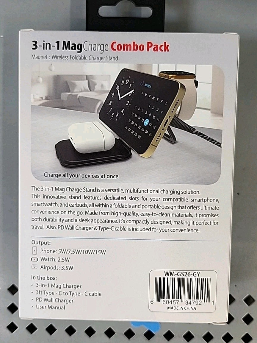3-in-1 Magnetic Wireless Charger for Smartphone Apple Watch and AirPods WMGS26GY Retail $19.88