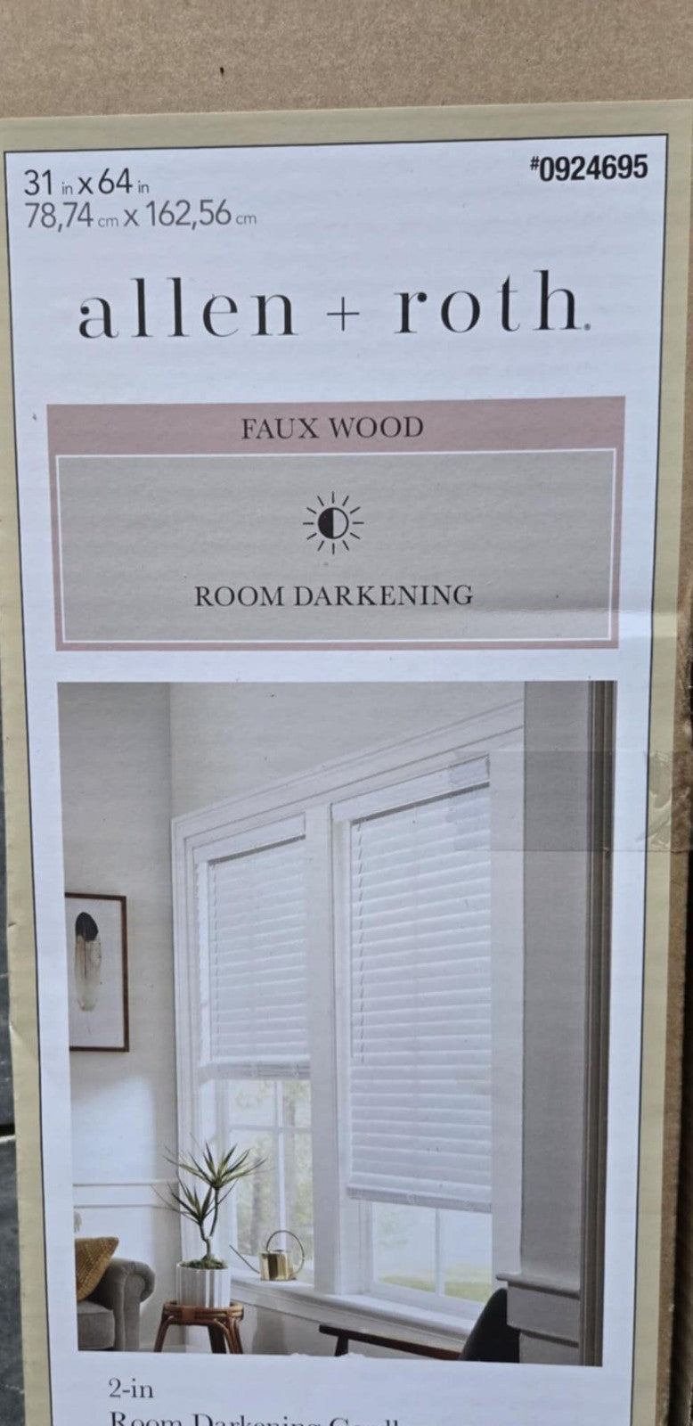 A+R Slat Width 31in X 64in Cordless White Faux Wood Room Darkening Blinds NEW Retail $31.98