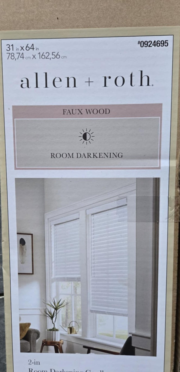 A+R Slat Width 31in X 64in Cordless White Faux Wood Room Darkening Blinds NEW Retail $31.98