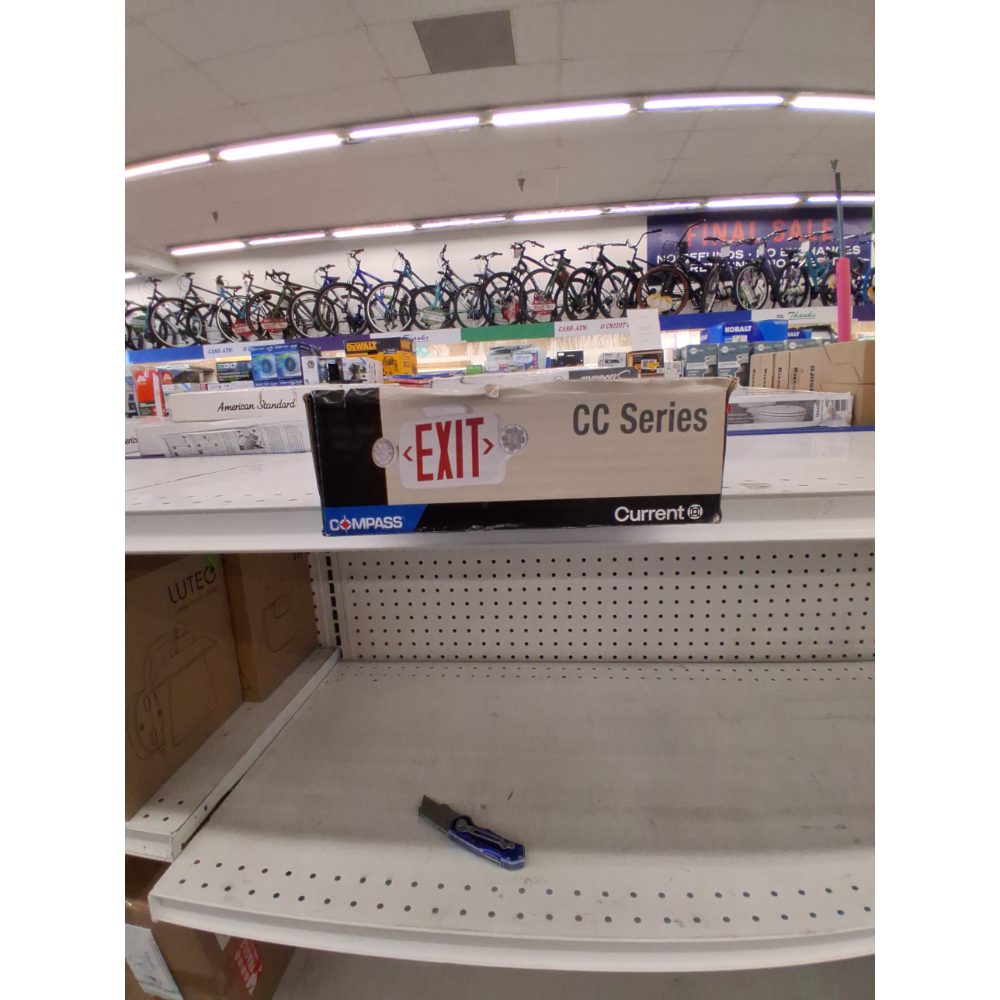 Hubbell Lighting CCRRC Emergency Exit Sign, Remote Compatible Combination Emergency Light and Exit Sign for Stair-Wells, Hallways, Offices, 2 Fully Adjustable LED Heads, White with Red EXIT Letters