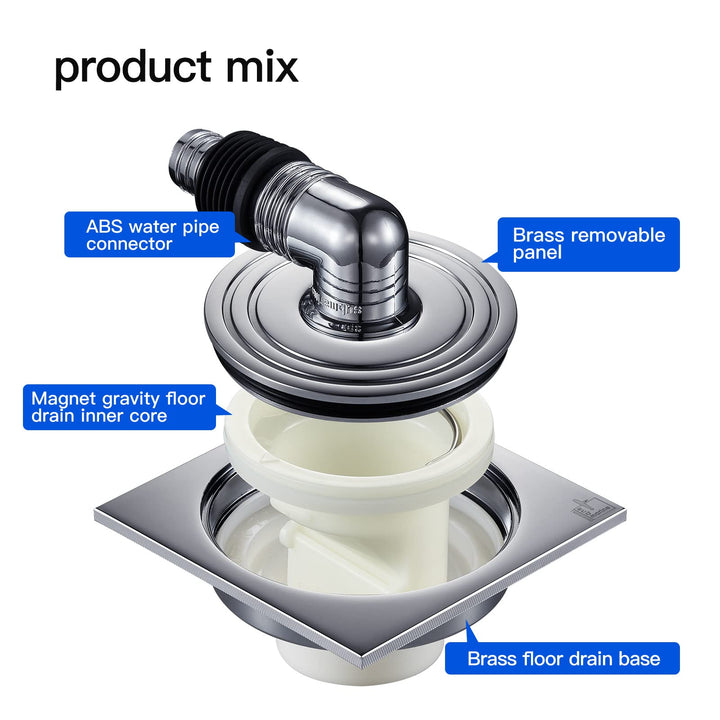 SUBMARINE 4-Inch Square Brass Sealed Floor Drain, Preventing Blockage, Odor and Water Reflux, Can Be Connected with Independent Drainage Equipment Such As Washing Machine Hoses.