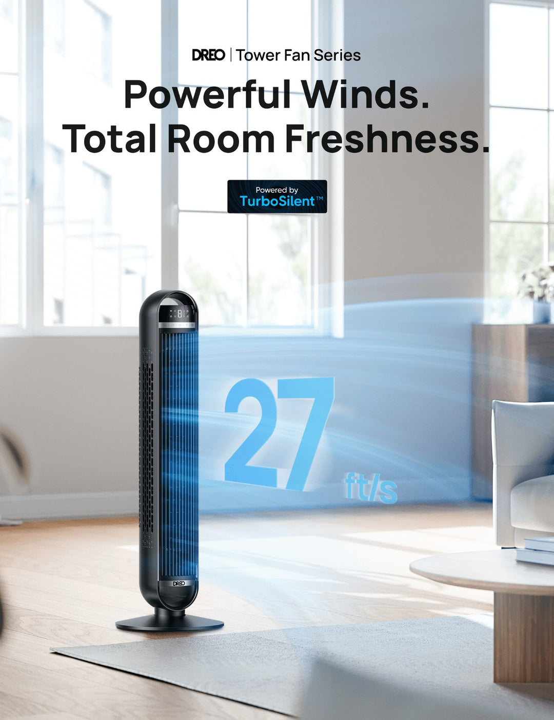 Dreo Tower Fan  27ft/s Velocity Quiet Floor Fan  90Â° Oscillating Fans for Indoors with 8 Speeds  4 Modes  Remote Control  Standing Fans  Bladeless Fa