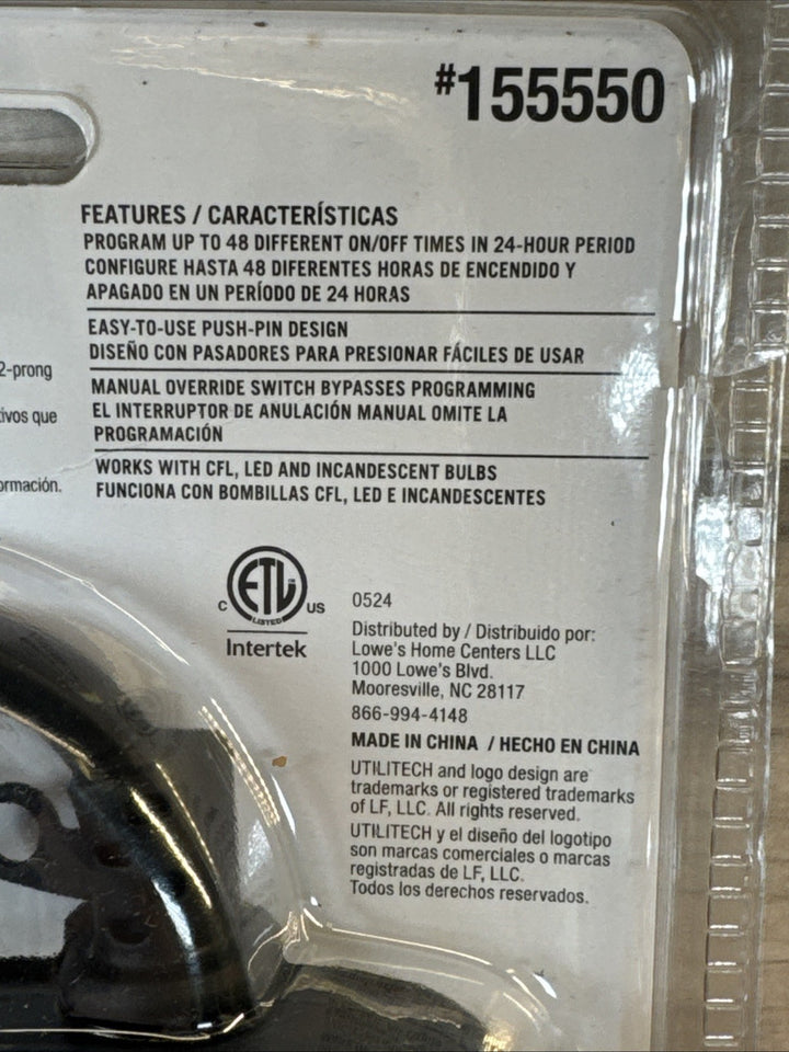 Utilitech Outdoor 24 Hour Manual Timer Two Grounded Outlets up to 48 Times / 24H