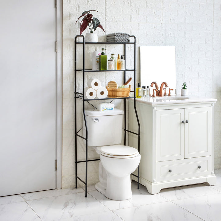 Mainstays Over the Toilet Steel Storage Shelf Unit Space Saver, Matte Black Retail $37.97
