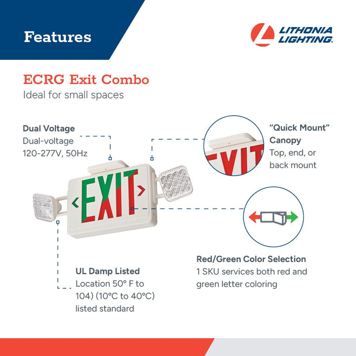 Lithonia Lighting Basics LED Exit Sign/Emergency Light Combo, Red/Green Switchable Exit Sign and Emergency Lights for Business, 2-Head Fixture, Square Lamp Heads, White (ECRG SQ M6)