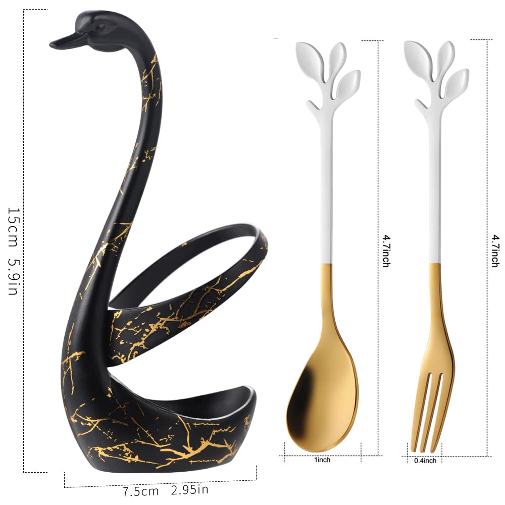 AnSaw Black Swan Base Holder with 5-Pieces 4.7-inch Small Coffee Spoons and 5-Pieces Dessert Fork, Leaf Handle Set (White & Gold)