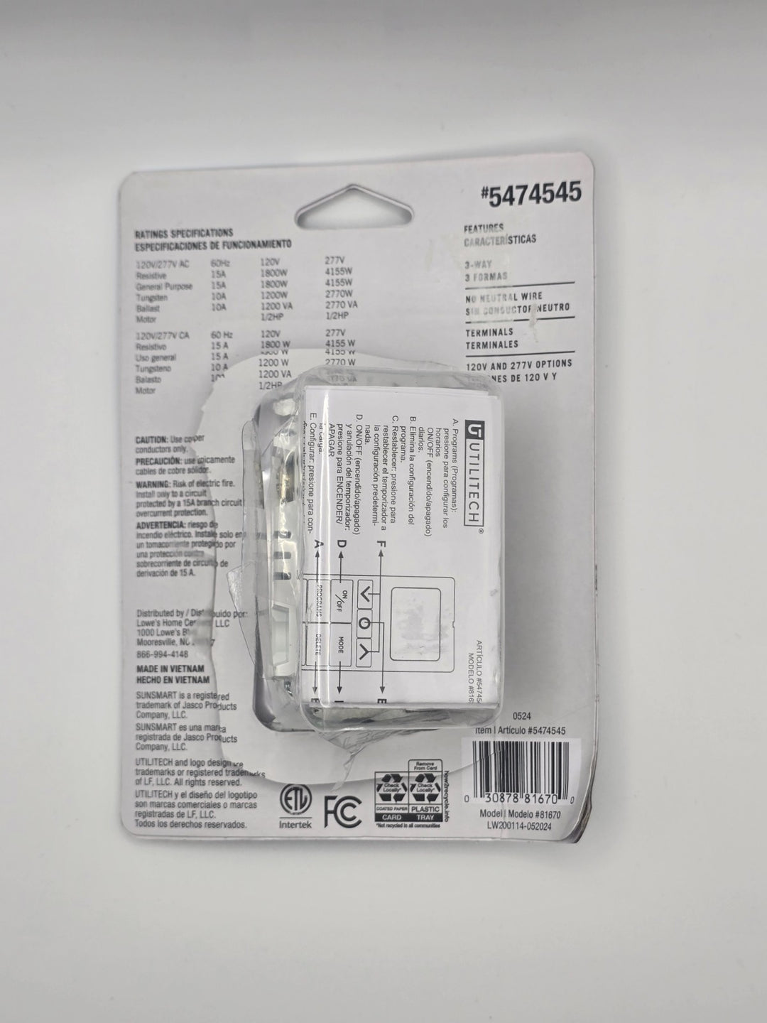 Utilitech SunSmart 7-Day in-wall Digital Timer #5474545 White or Almond Open Box