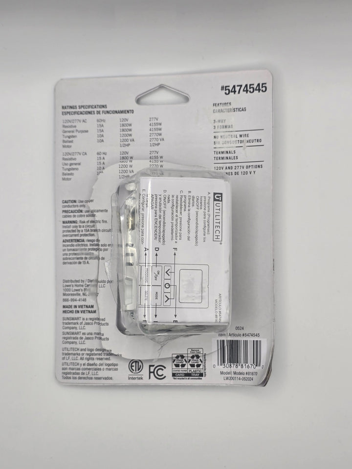 Utilitech SunSmart 7-Day in-wall Digital Timer #5474545 White or Almond Open Box