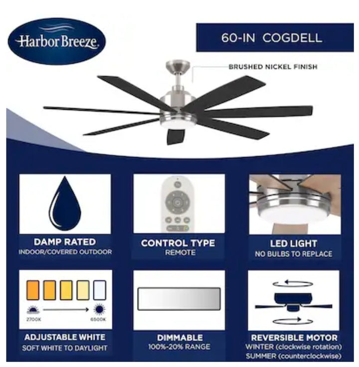 New Harbor Breeze Cogdell 60" 7 Blade Ceiling Fan W/ Light & Remote COG60BNK7LR Retail $219.98
