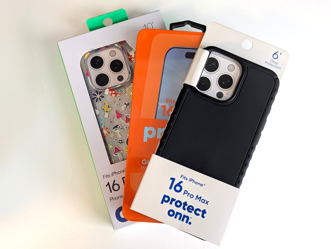onn. iPhone 16 Pro Max Cases and Screen Protector: Mushroom Case, Black Gel Case, Glass Screen Protector Retail $8.97
