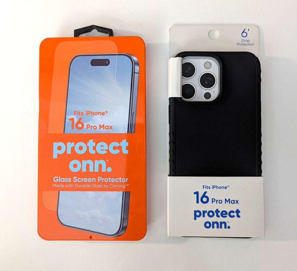 onn. iPhone 16 Pro Max Cases and Screen Protector: Mushroom Case, Black Gel Case, Glass Screen Protector Retail $8.97