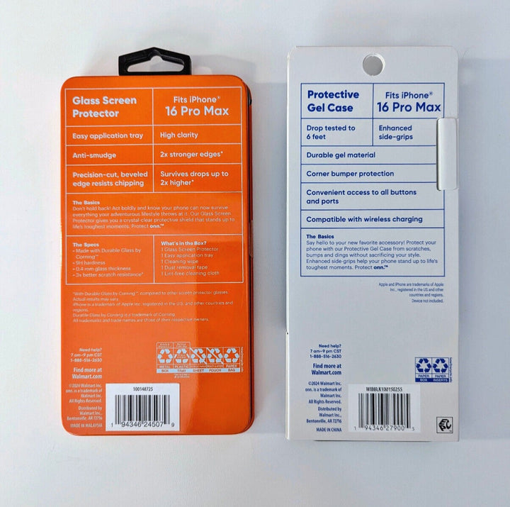 onn. iPhone 16 Pro Max Cases and Screen Protector: Mushroom Case, Black Gel Case, Glass Screen Protector Retail $8.97