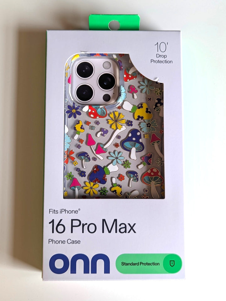 onn. iPhone 16 Pro Max Cases and Screen Protector: Mushroom Case, Black Gel Case, Glass Screen Protector Retail $8.97