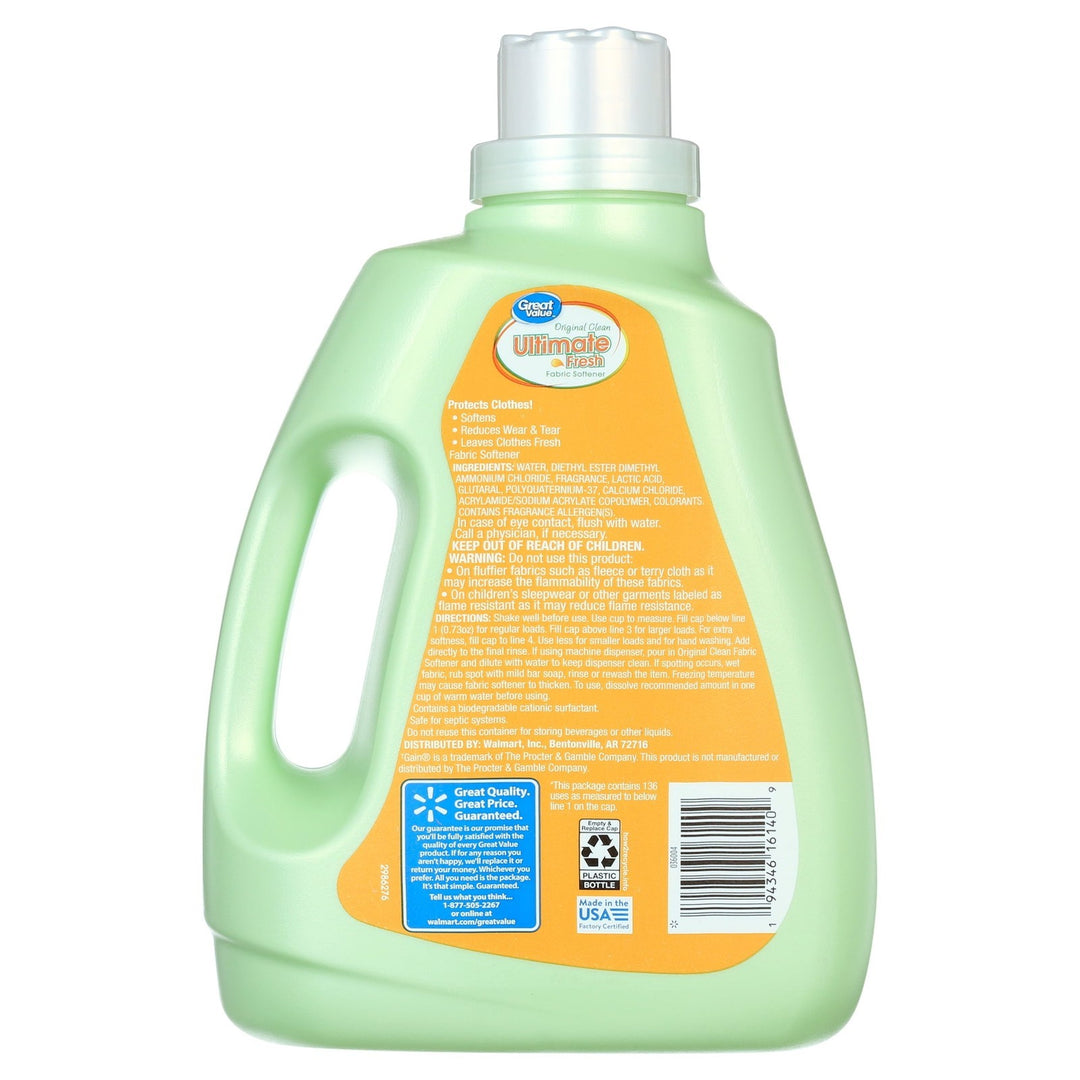 Great Value Ultimate Fresh Fabric Softener  Original Clean  100 Fl Oz  136 Loads  Compare to Gain® Retail $7.97