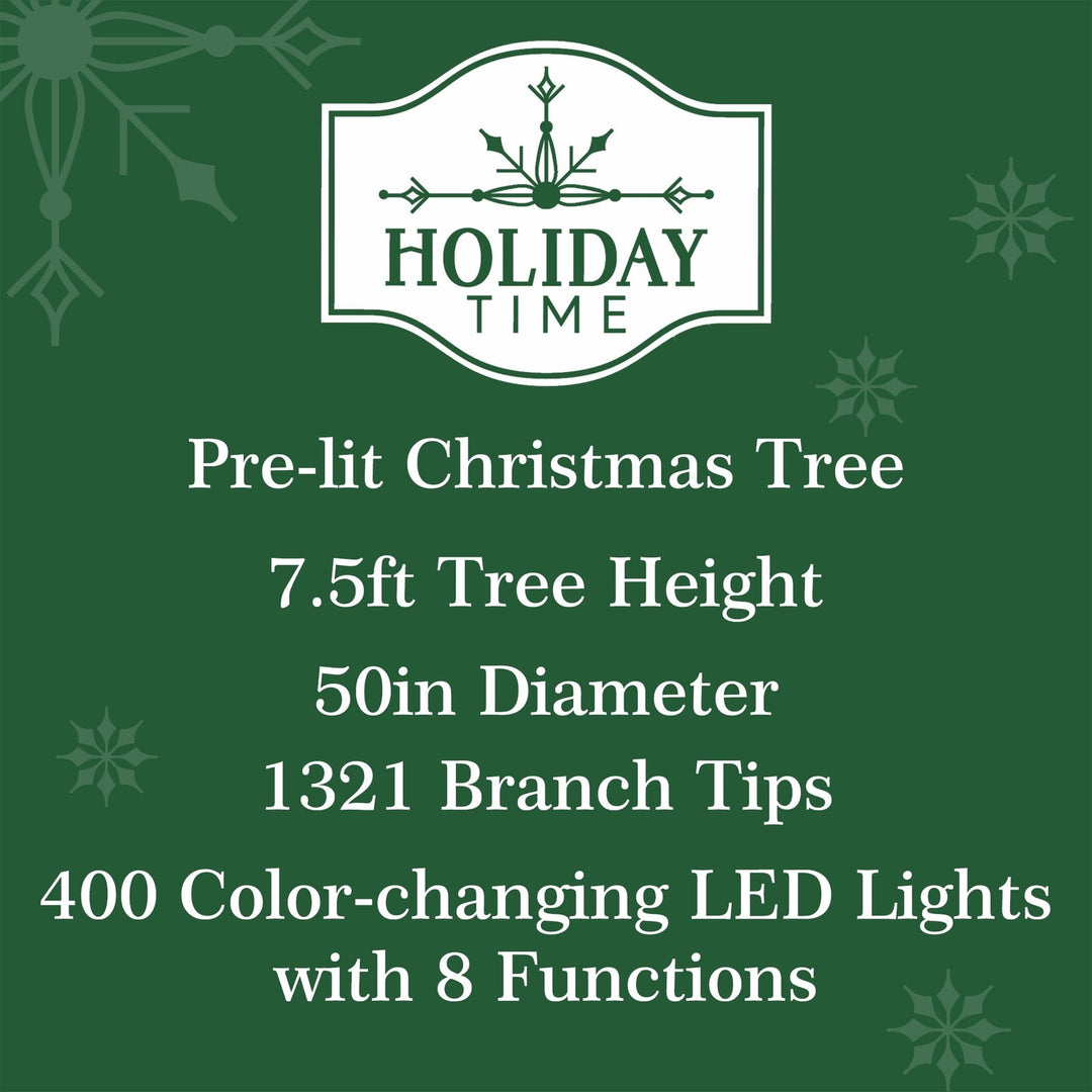 Holiday Time 7.5 Ft Pre-Lit Amherst Spruce Green Artificial Christmas Tree, 400 Retail $74.99