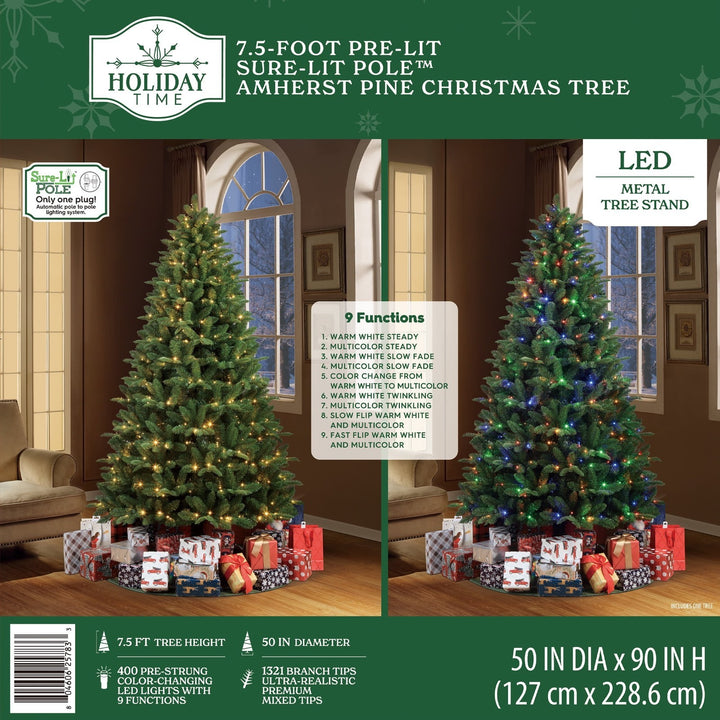 Holiday Time 7.5 Ft Pre-Lit Amherst Spruce Green Artificial Christmas Tree, 400 Retail $74.99