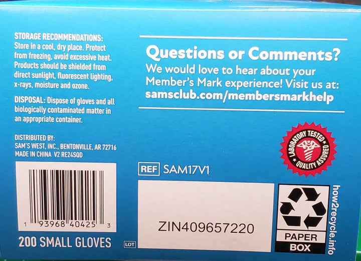 Member's Mark Size SMALL Nitrile Exam Gloves  200 Ct Box Powder Free Fresh Stock Retail $19.99