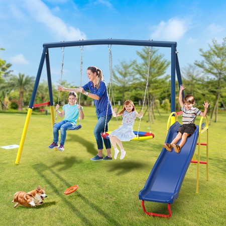 Mersco 3-in-1 Swing Set for Backyard with Slide  Swing Heavy Duty 440lbs Metal Outdoor Swing Stand  Contain 1 Saucer 32  and 1 Belt Seat 26.2   Slide Retail $149.98