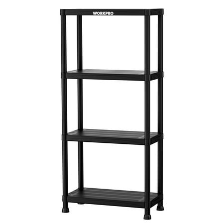 WORKPRO 4-Tier Plastic Storage Shelf  Black Utility Shelving Unit with Wall Brackets  Tool-Free Assembly for Garage  Laundry Room & Basement Retail $32.99