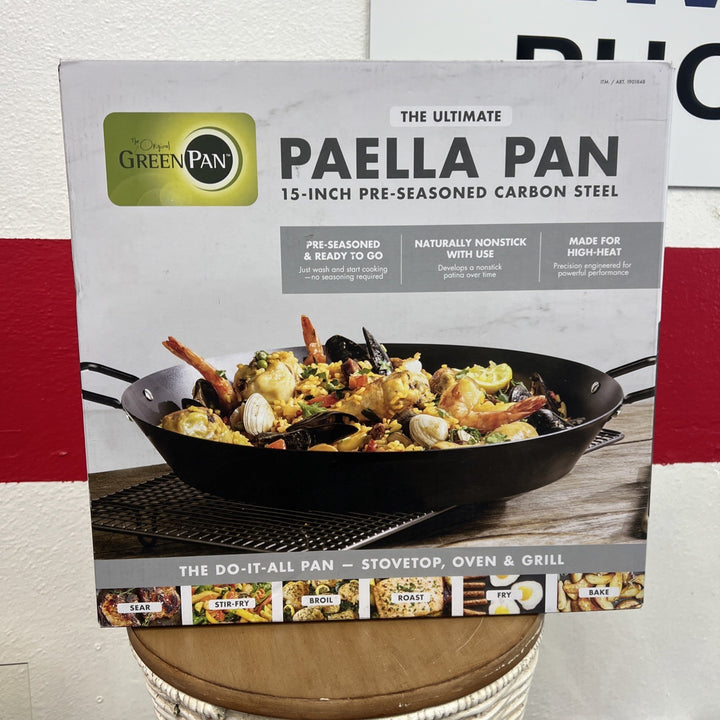 GreenPan 15in Carbon Steel Paella Pan Pre-Seasoned Stovetop Oven Ready Cookware Retail $28.99
