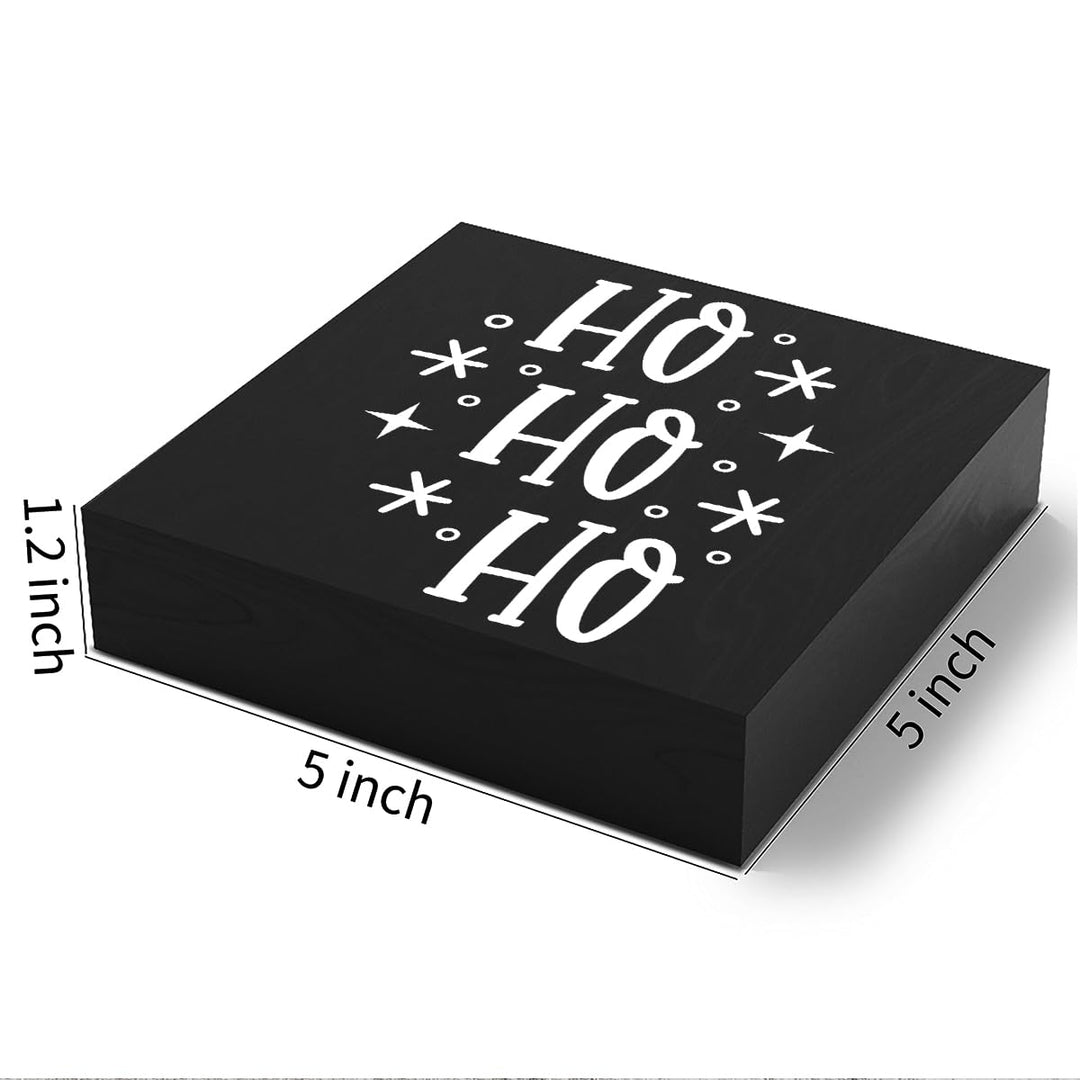Funny Christmas Wooden Box Sign Plaque Ho Ho Ho Snowflake Black Wood Box Sign Rustic Art Home Shelf Desk Decor 5 x 5 x 1 Inches