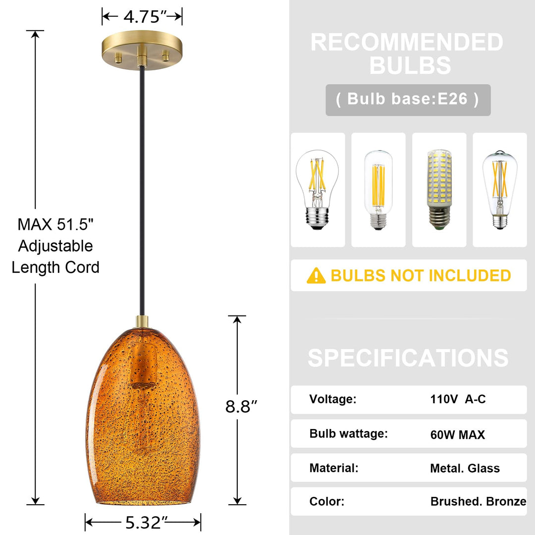 Dolaimy House 3 Pack 1 Light Mini Hanging Indoor Kitchen Island Pendant Light,5.3" Ancient Seeded Amber Glass Pendant Ceiling Light Fixtures Brushed Bronze Finish Modern Farmhouse Dinning Over Sink